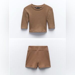 Zara ribbed crop top high waisted matching shorts co-ord set in brown large